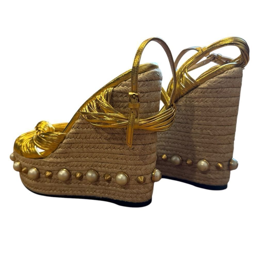 Gucci Barbette Knotted Leather Gold Metallic Pearl Platform Wedge Sandals - Picture 9 of 15